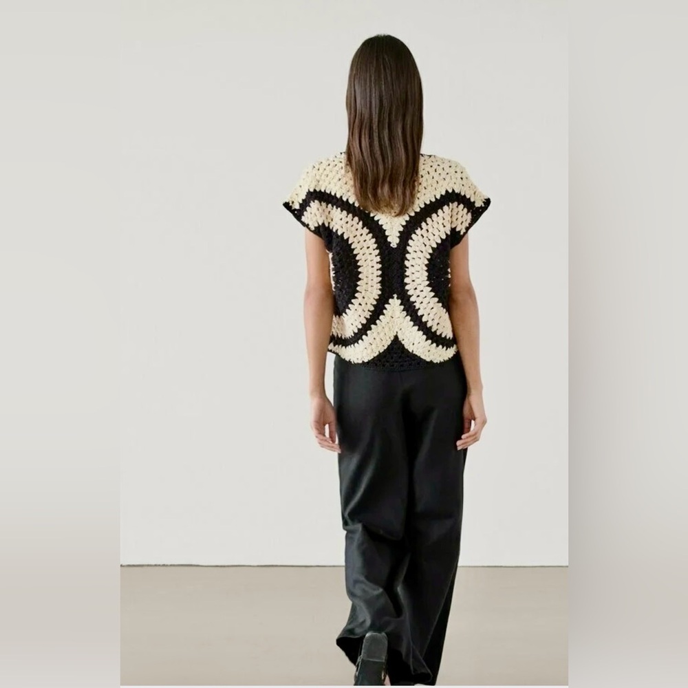 Massimo Dutti 100% Cotton Crochet Knit Top W Contrast Piping Details Women’s S - Picture 3 of 16